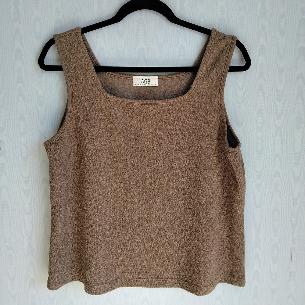 Vtg 90s AGB Womens XL Tank Top Brown Stretch Crepe‎ Square Neck Grunge Basic